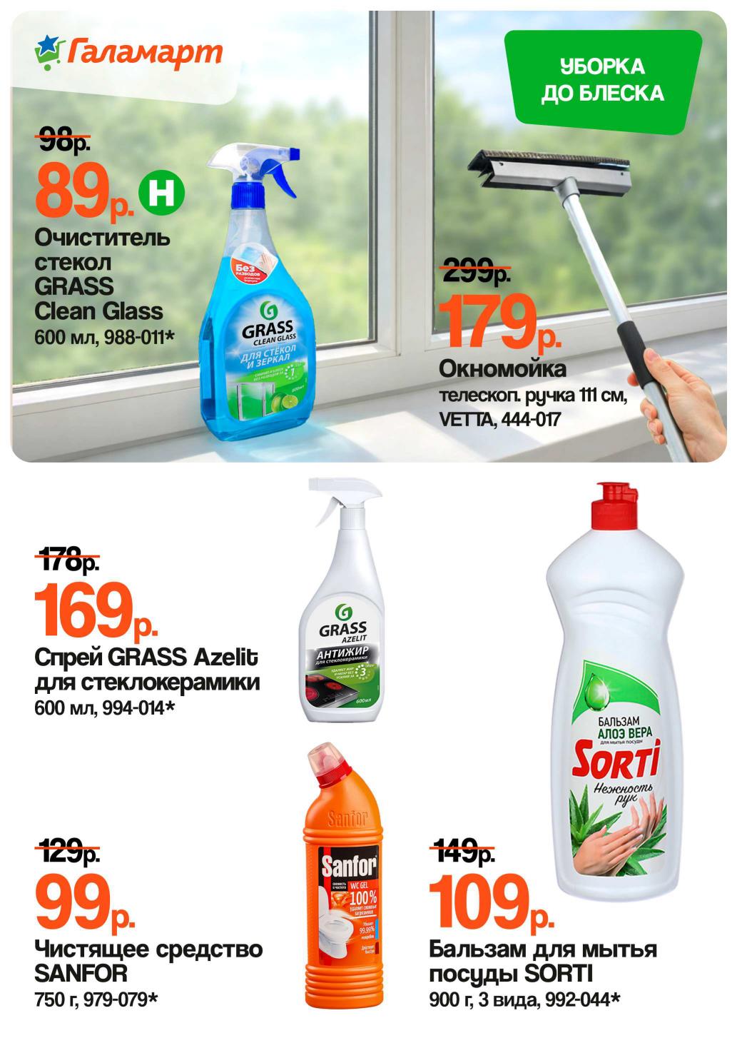 Страница 10: Бытовая химия — очиститель стёкол 89 ₽, средство Sanfor 99 ₽, окномойка 179 ₽